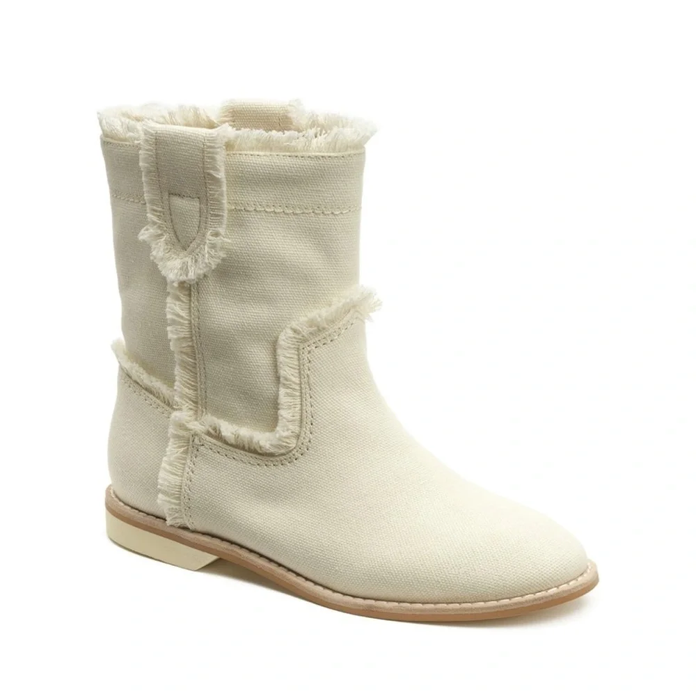 nib BILL BLASS “BB Turbo Boot” White Canvas Frayed Edge Bootie Boots size 6.5 - Picture 3 of 12